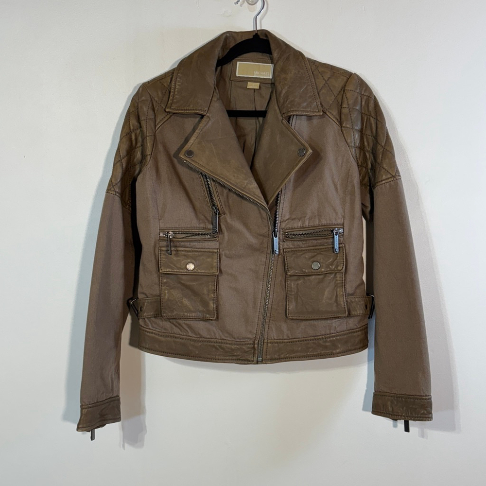 Michael Kors Brown Leather Cotton Moto Jacket Women’s Medium Zippers Pockets